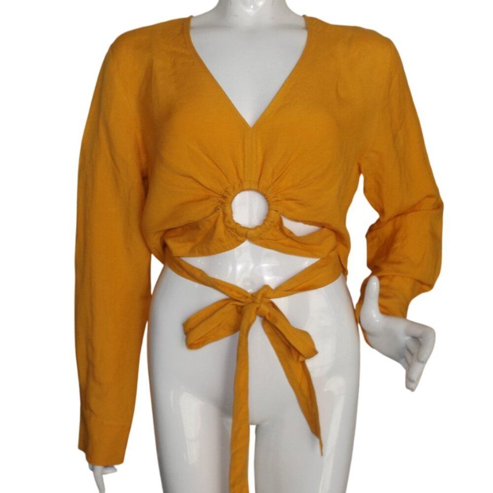& OTHER STORIES Crop Top, 12, Yellow, Grommet/Strappy, Long Sleeve, V-neck Linen